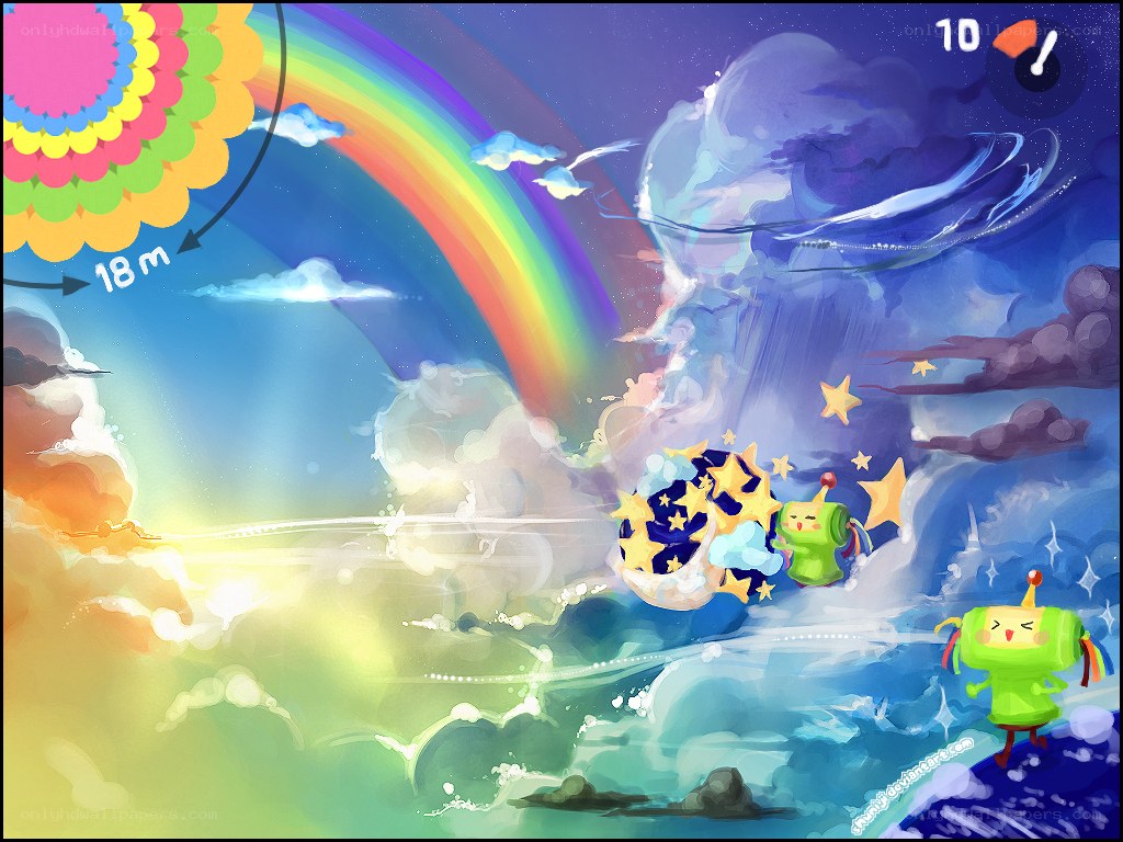 Pikmin characters in a rainbow sky