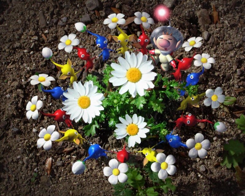 Pikmin figures in a flower patch