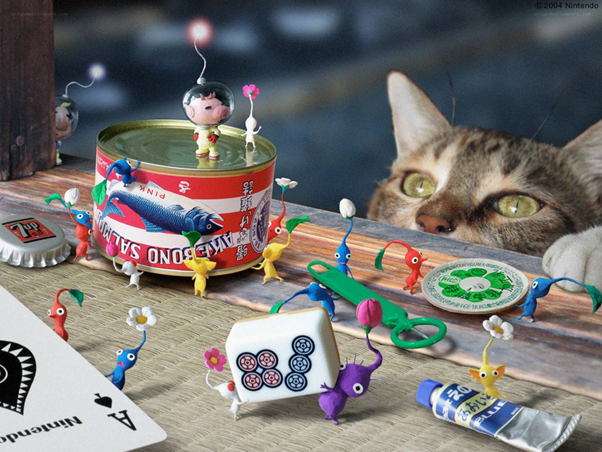 Pikmin on a table with cat