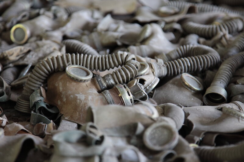 Pile of old gas masks