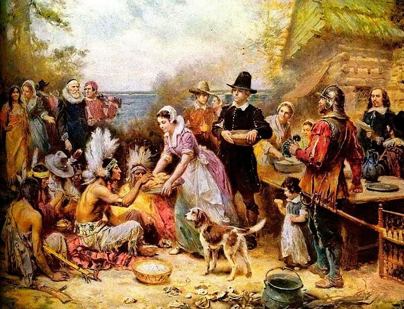 Pilgrims and Native Americans at feast