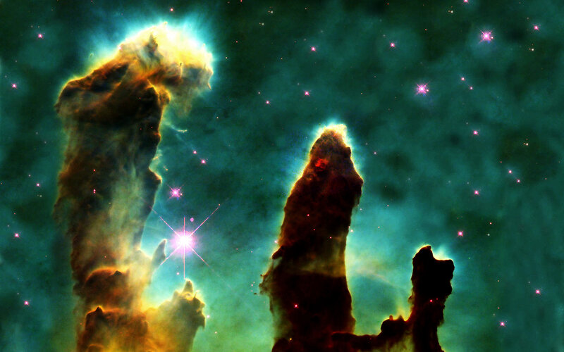 Pillars of Creation — Green, Dramatic, Photograph, Nebula, Stars, Gas Clouds