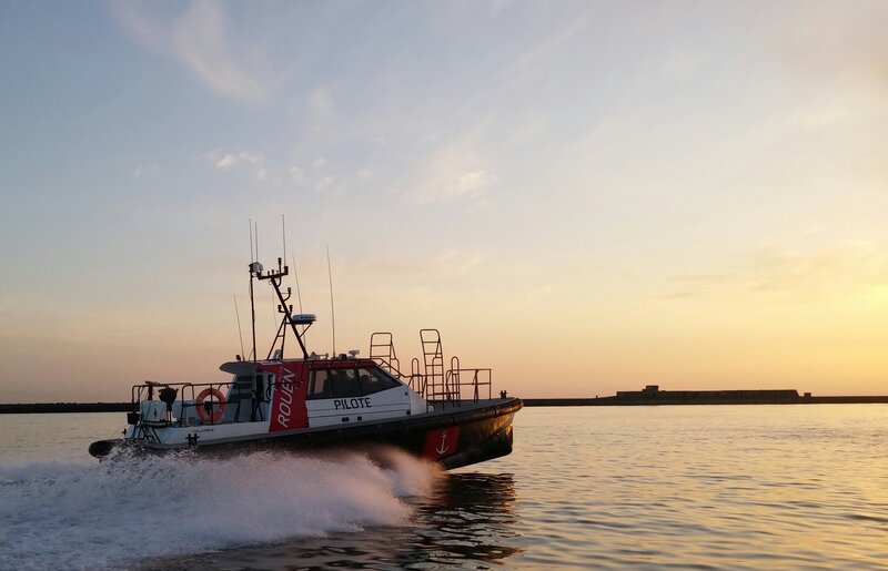 Pilot Boat on Water — Blue