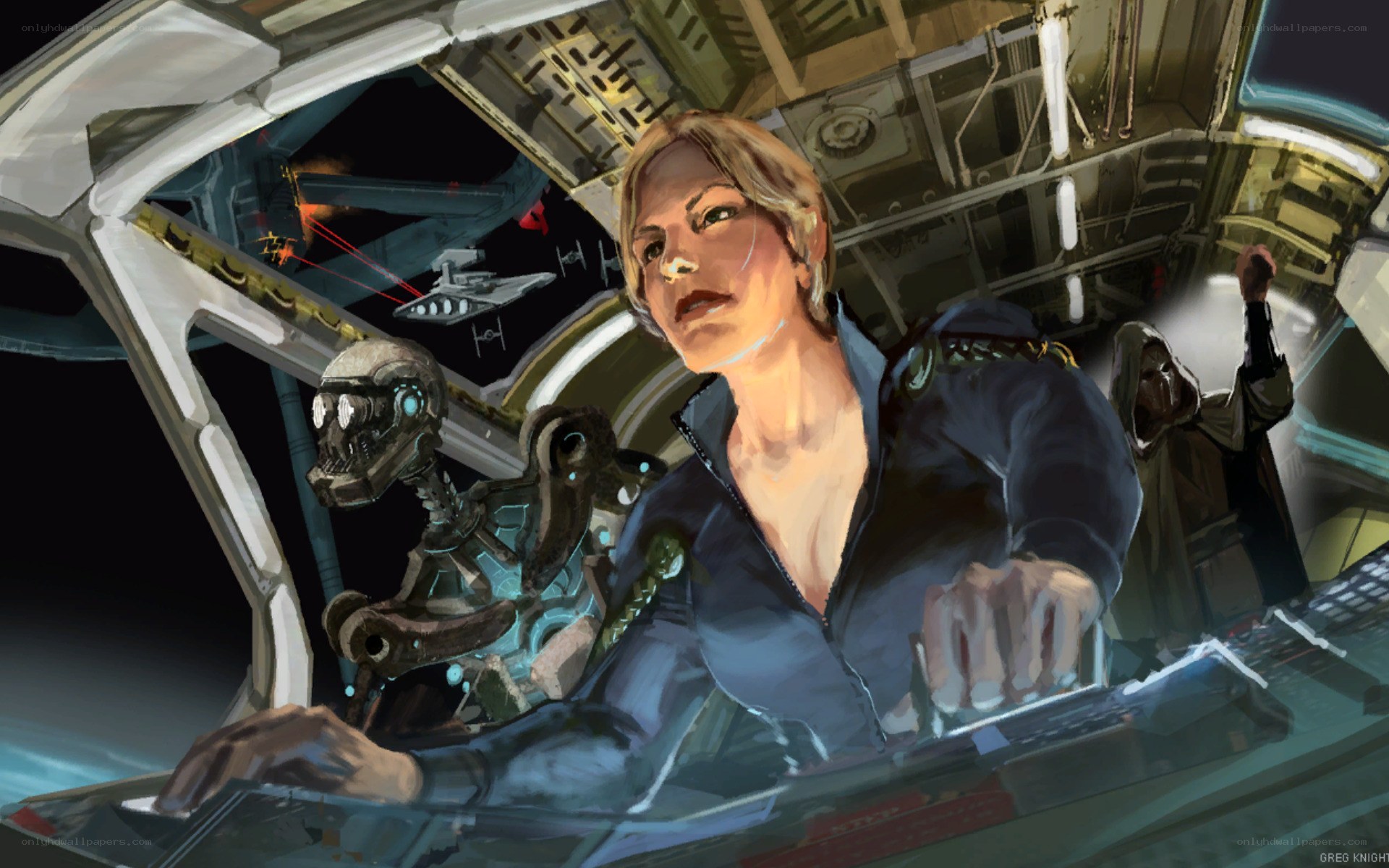 Pilot in a starship cockpit