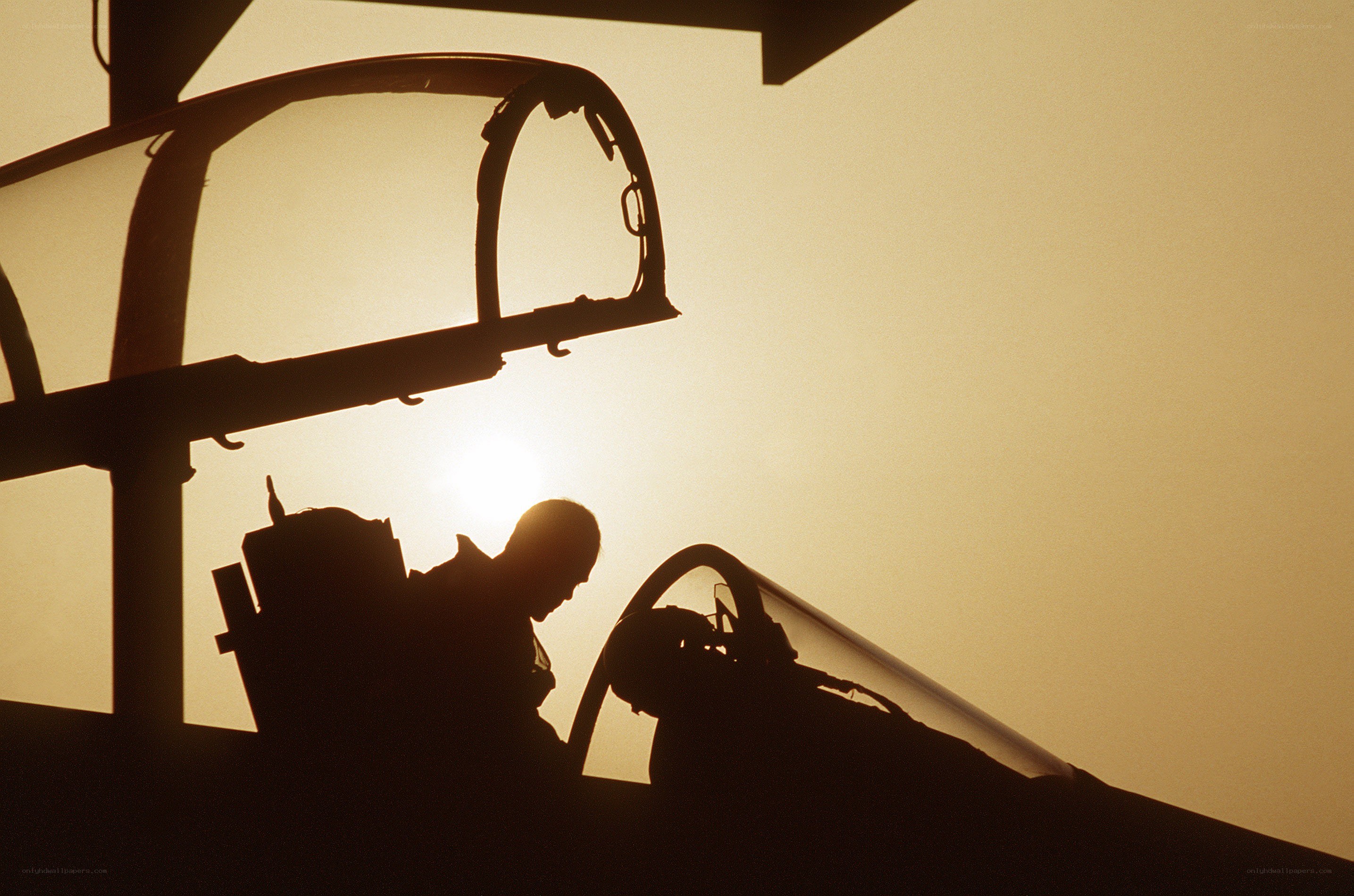 Pilot in cockpit at sunset