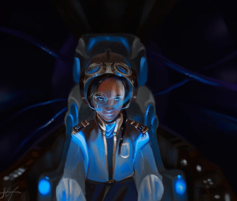 Pilot in Cockpit — Blue, Dramatic, Night