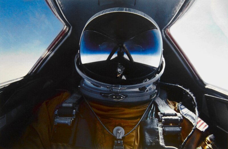 Pilot in Cockpit — Blue, Dramatic, Photograph, Helmet