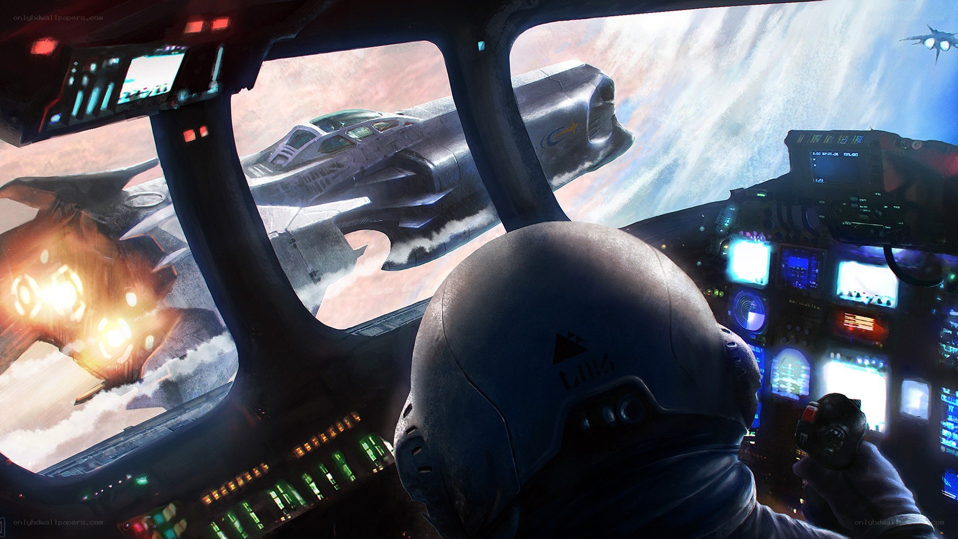 Pilot in cockpit during space battle