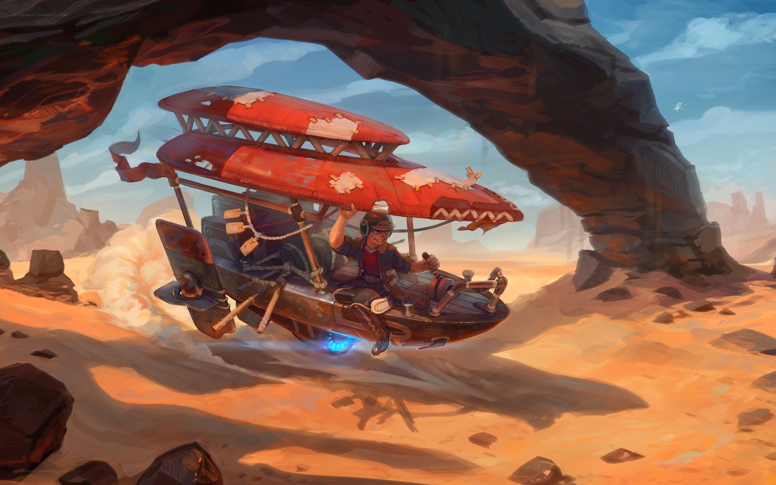 Pilot in desert hovercraft