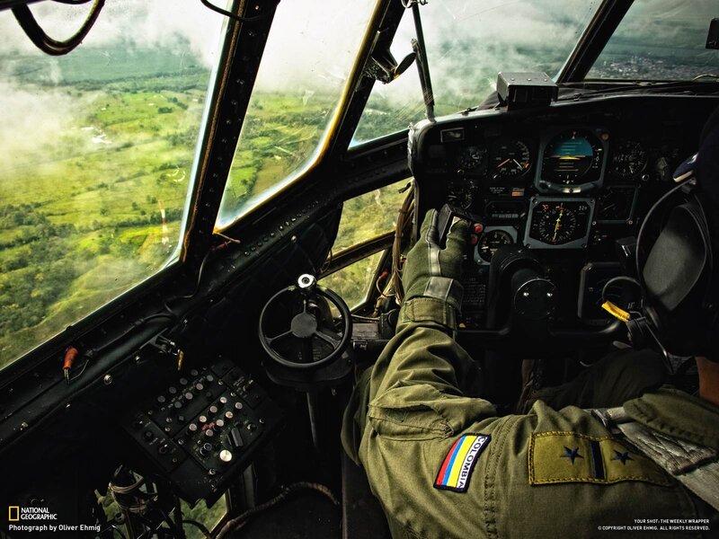 Pilot in helicopter cockpit