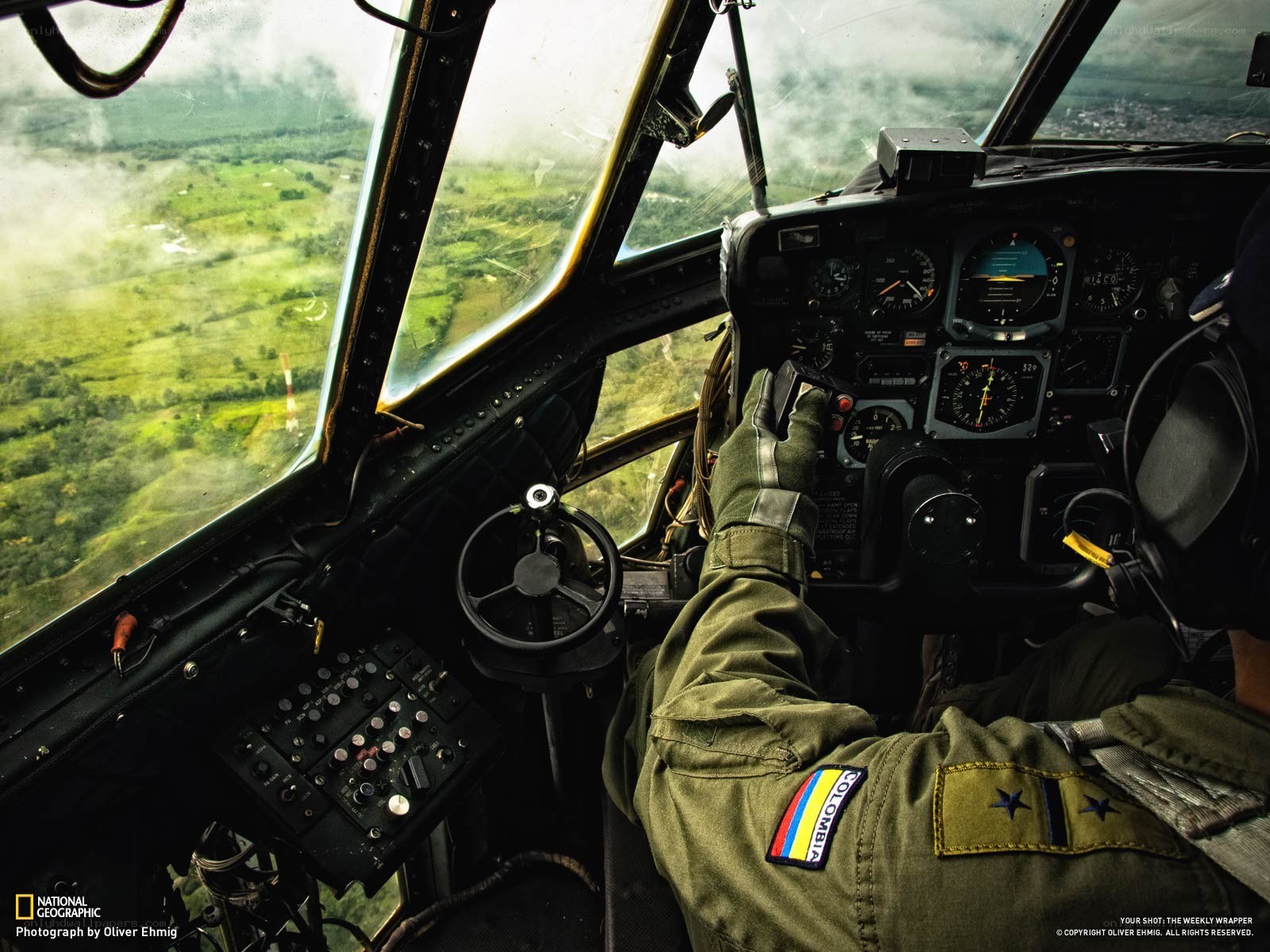 Pilot in helicopter cockpit