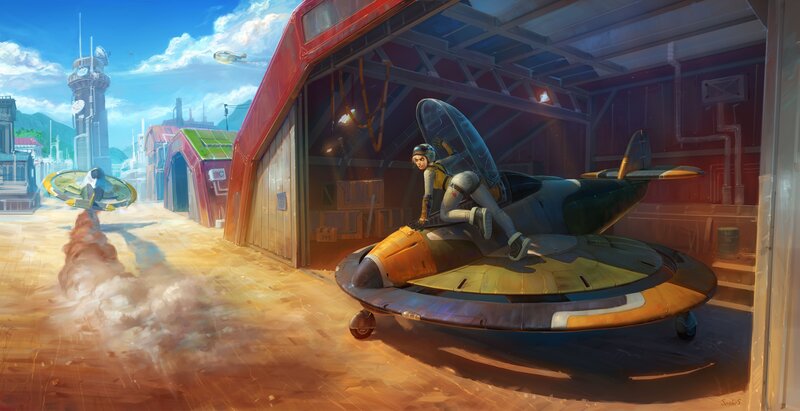 Pilot on Hovercraft — Blue, Dramatic