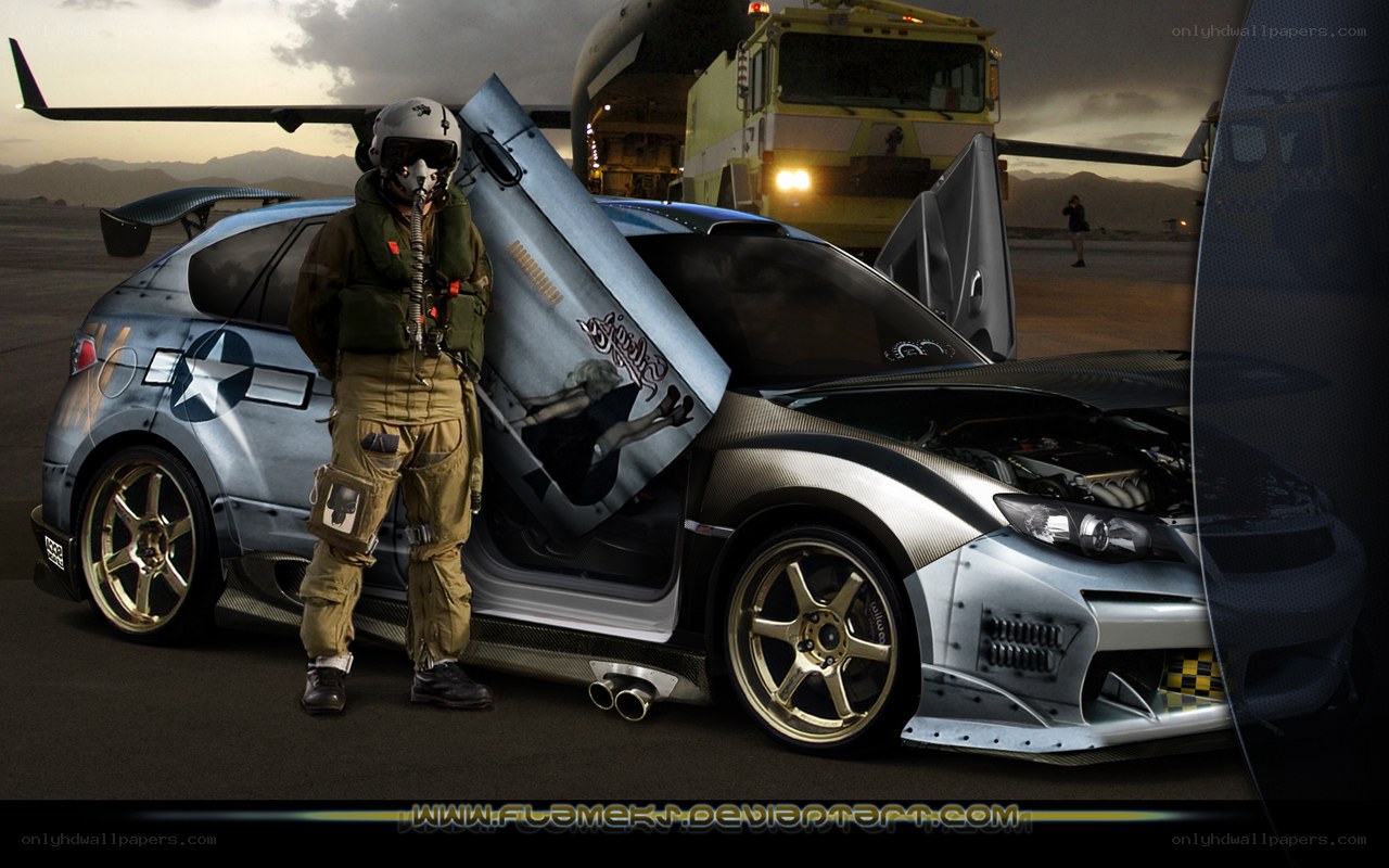 pilot with custom car at airfield