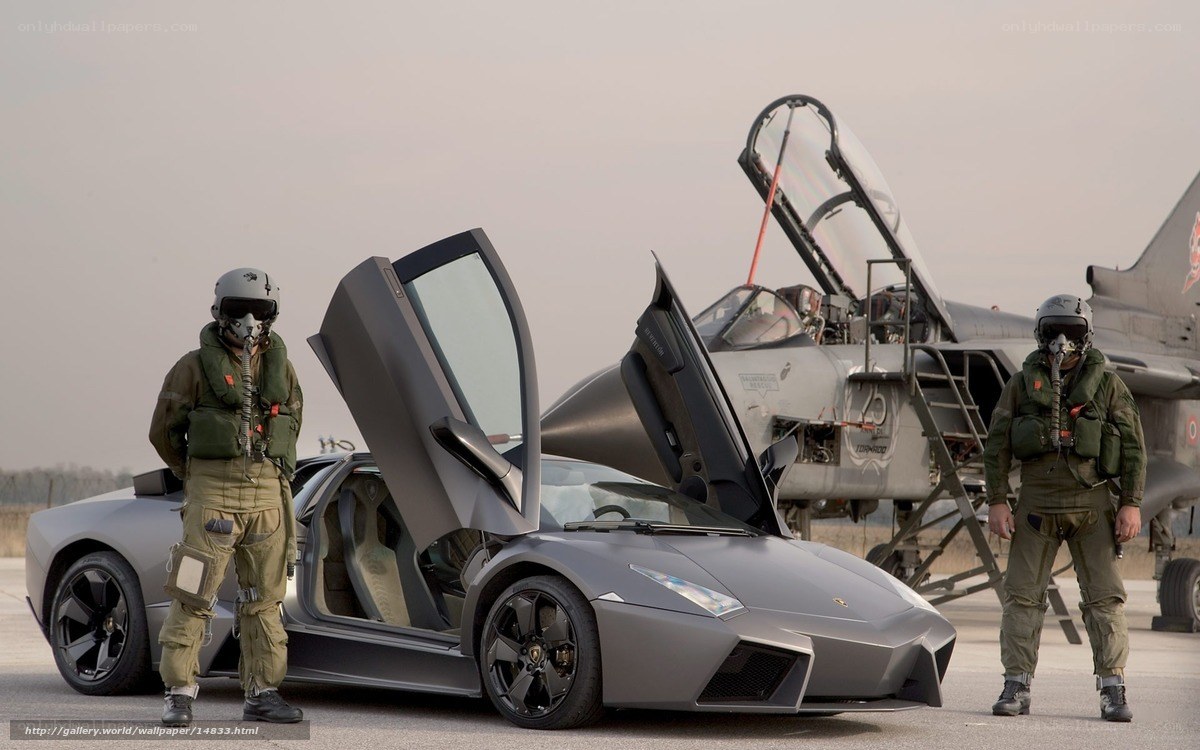 Pilot with Lamborghini and fighter jet