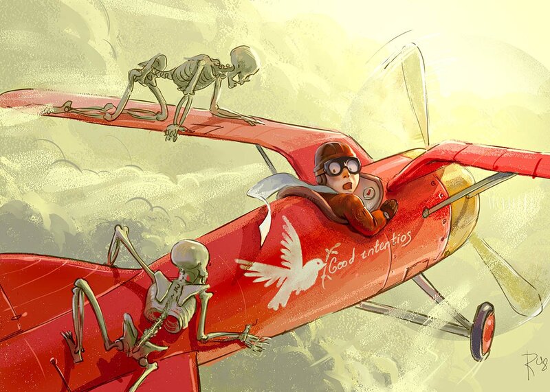 Pilot with skeletons on plane