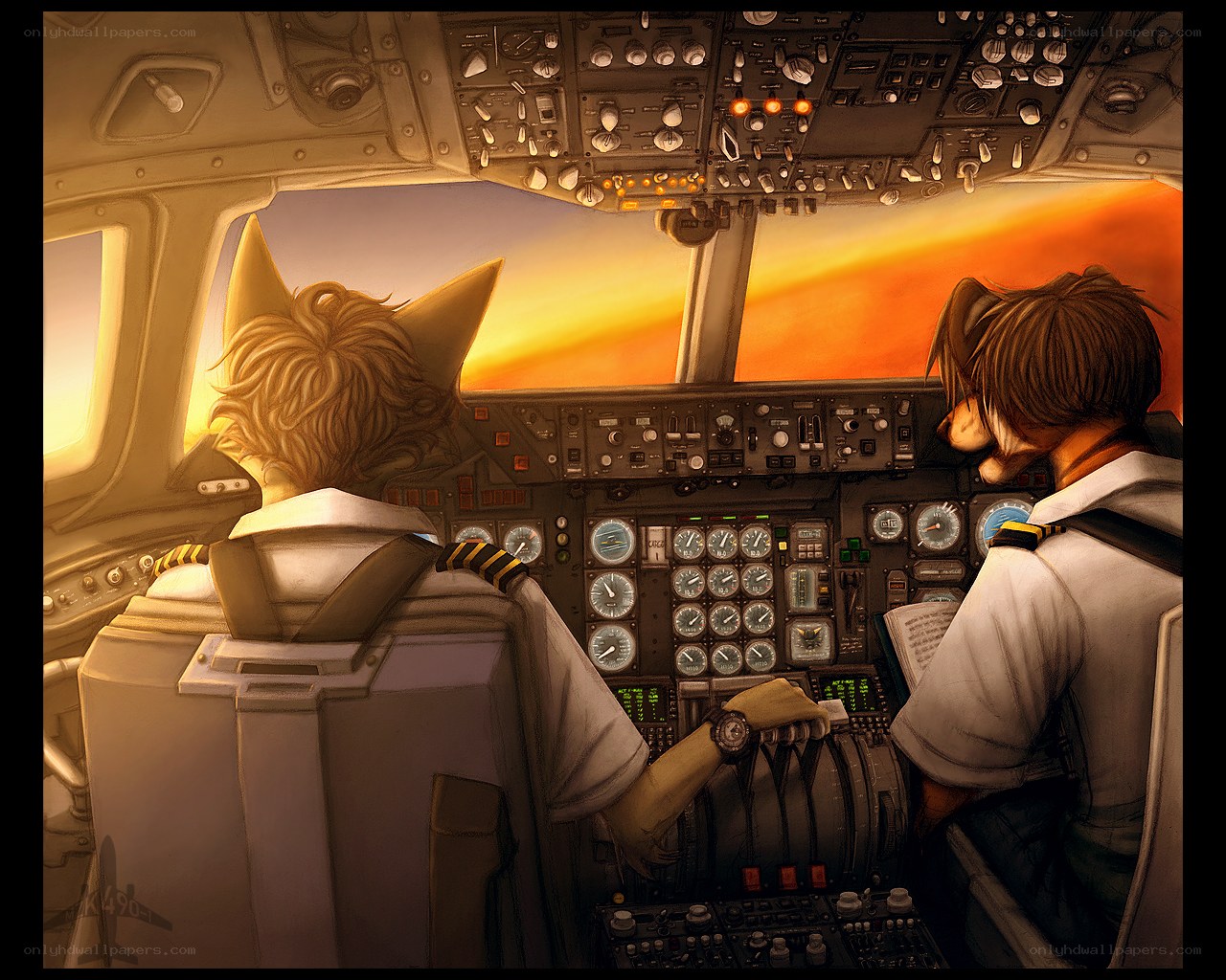 Pilots in cockpit at sunset