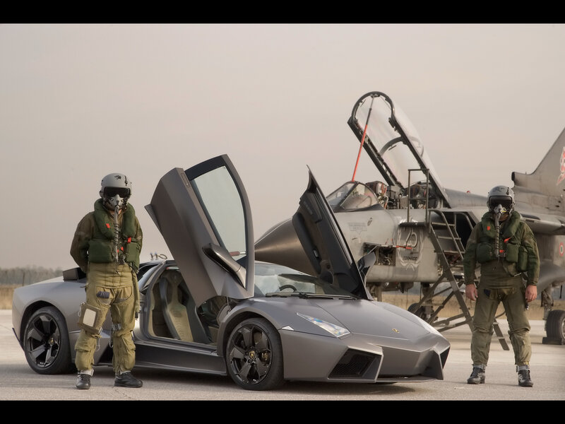 Pilots with Lamborghini and jet