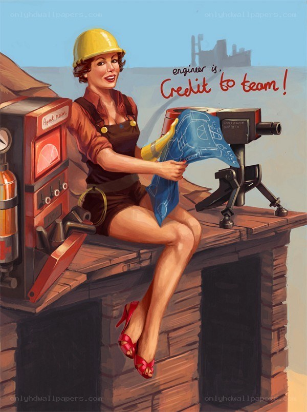 Pin-up engineer with blueprints