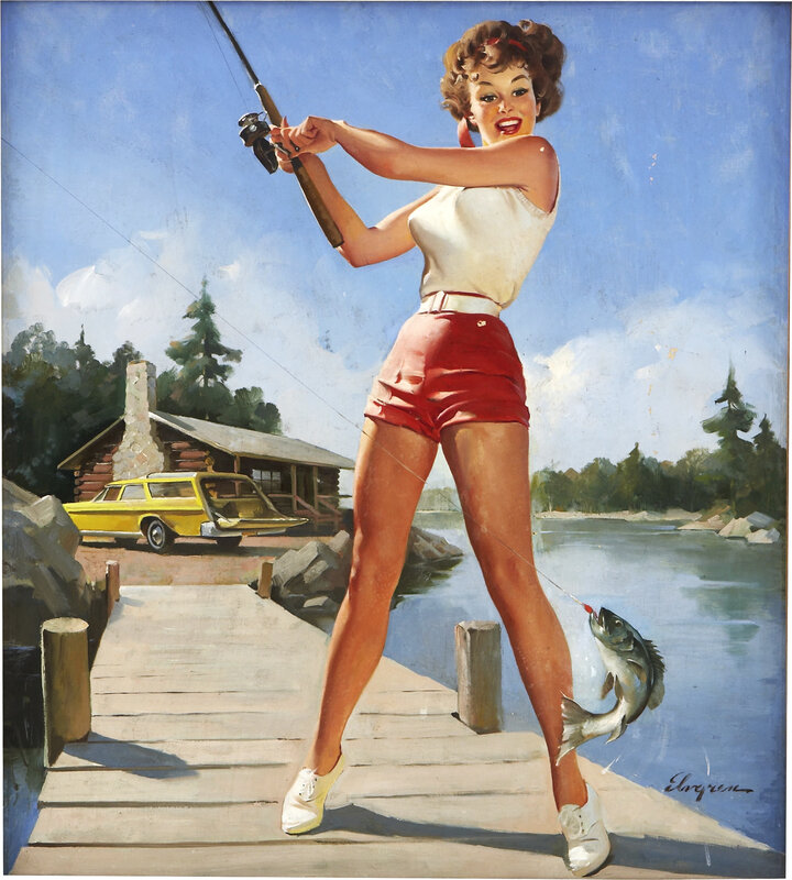 Pin-up fisherwoman on dock