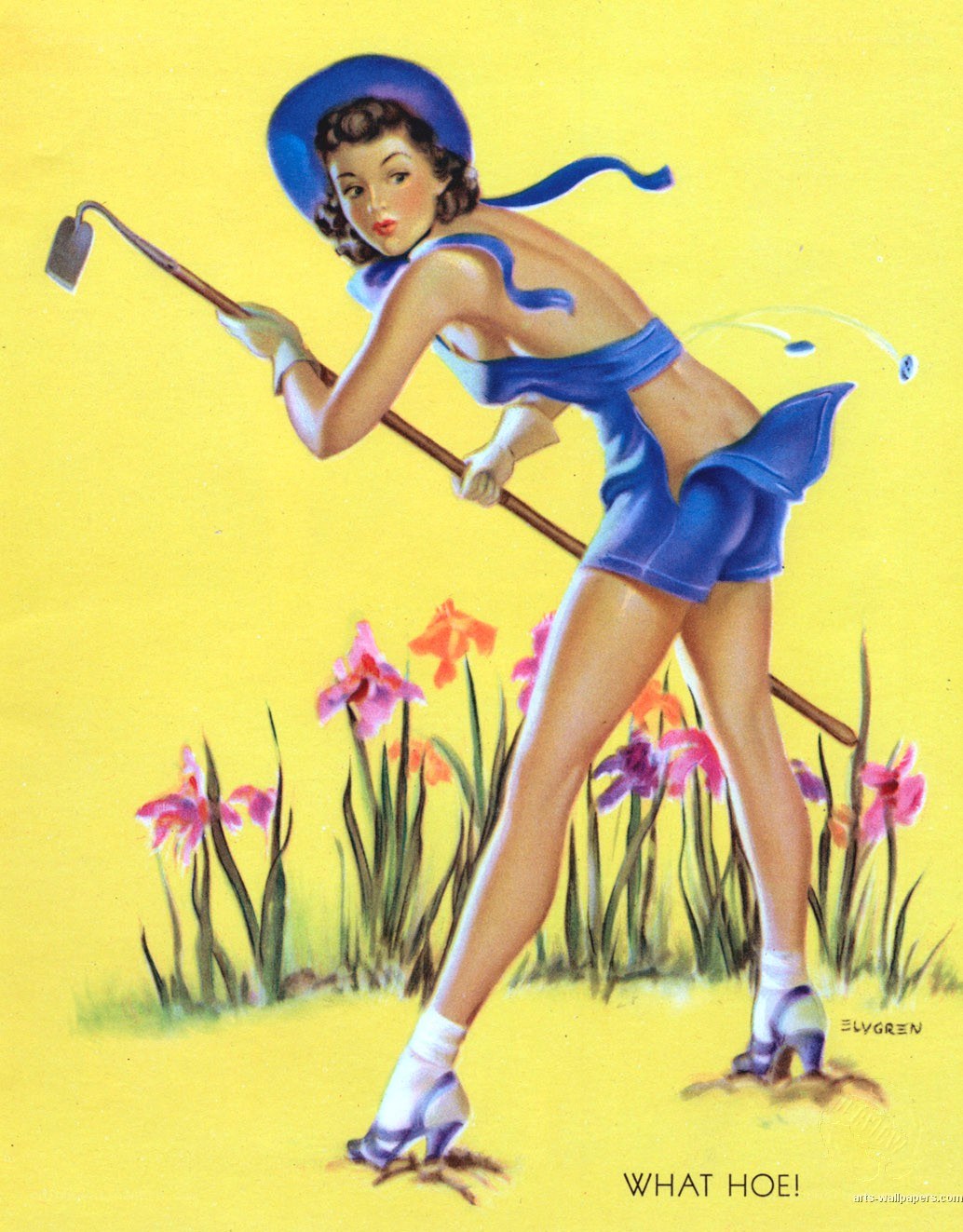 Pin-up gardener with hoe