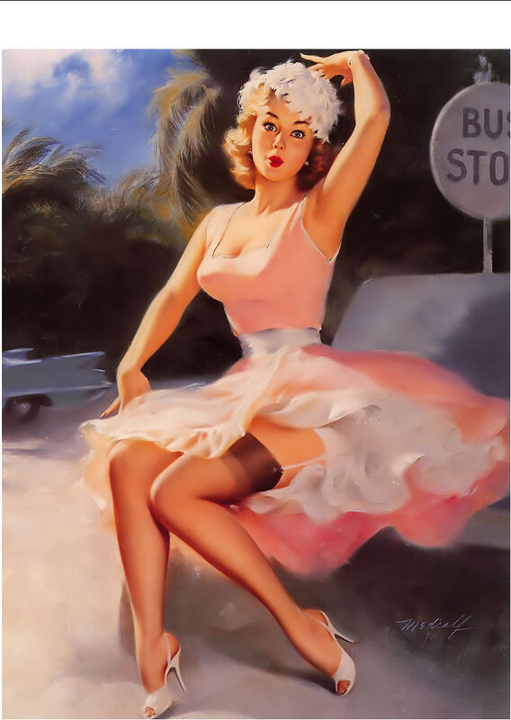 Pin-up girl at bus stop