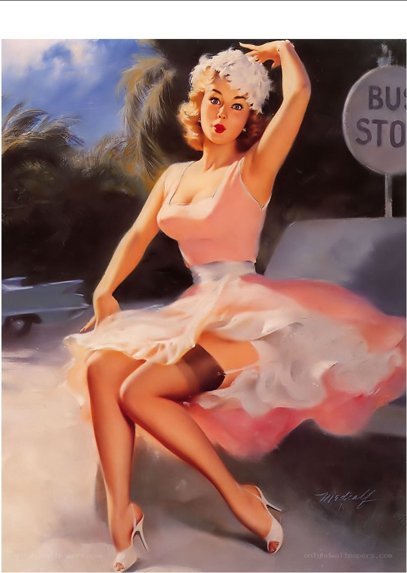 Pin-up girl at bus stop