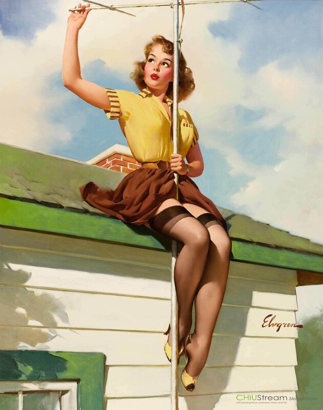 Pin-up girl on roof