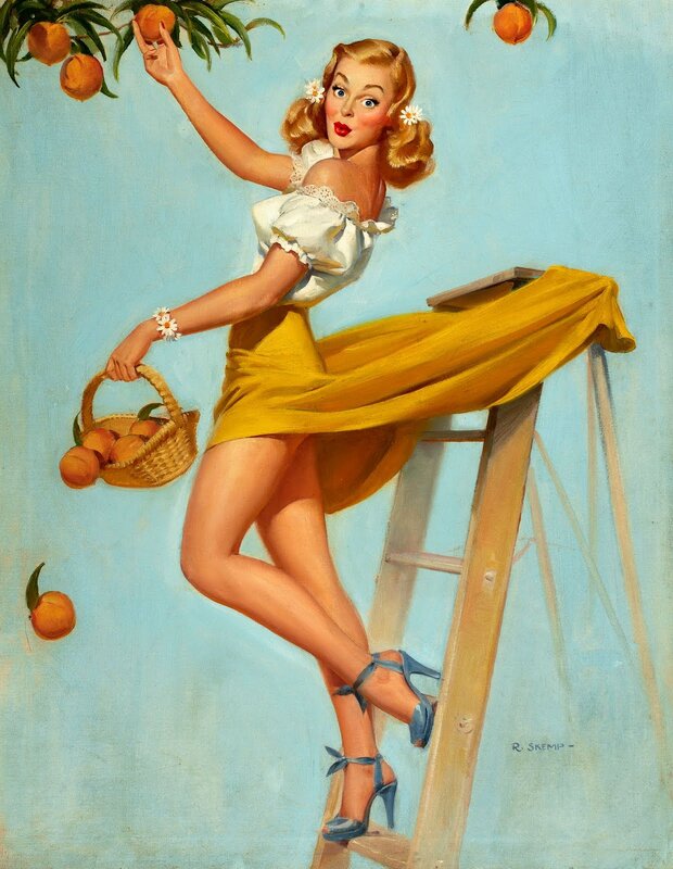 Pin-up girl picking peaches