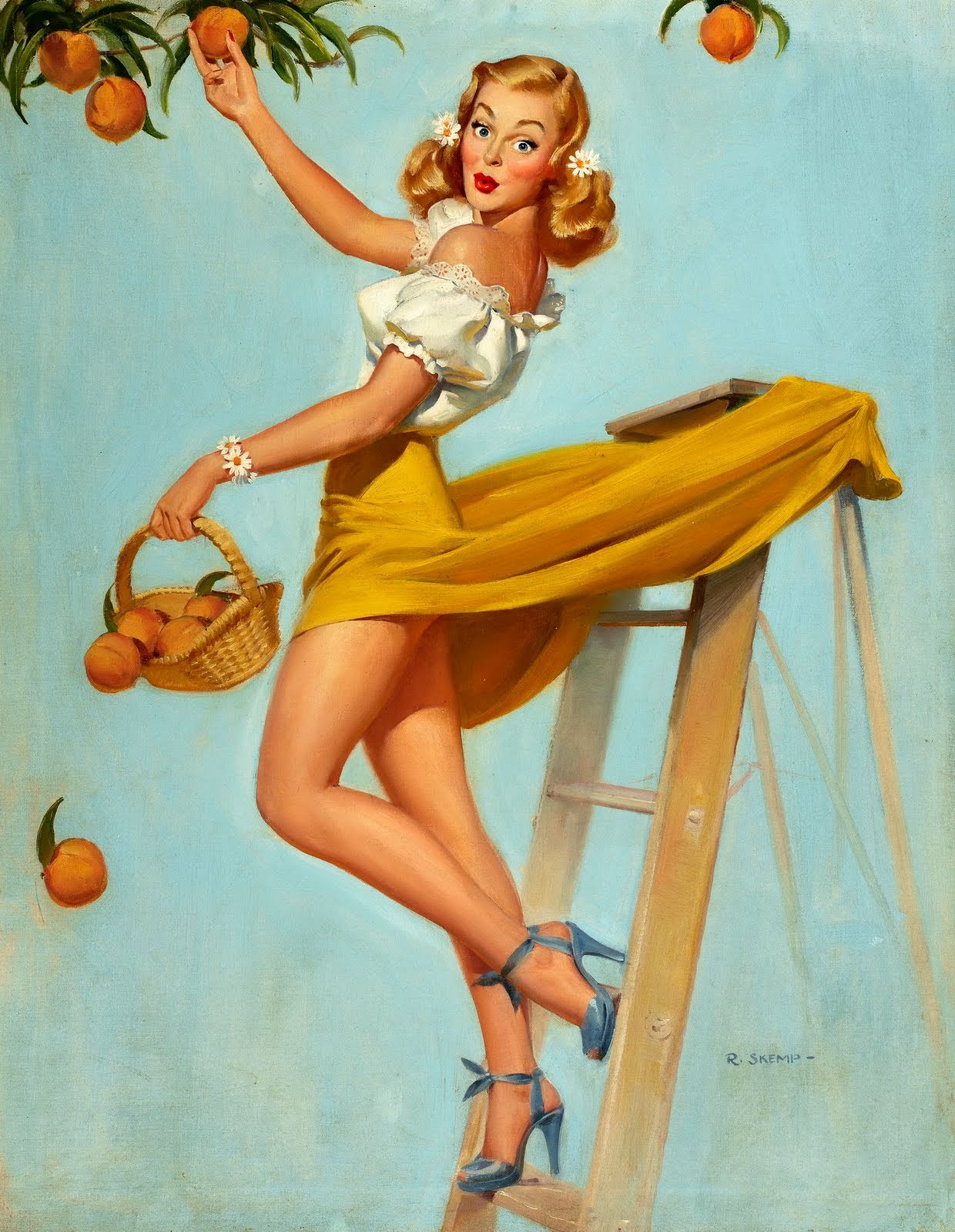 Pin-up girl picking peaches