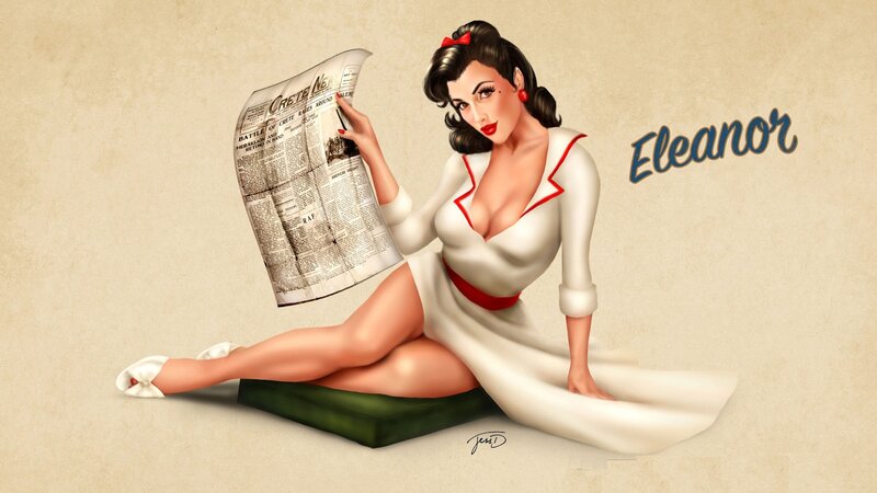 Pin-up girl reading newspaper
