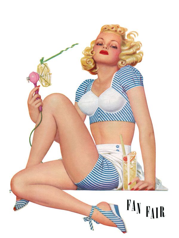 Pin-up girl with fan and drink