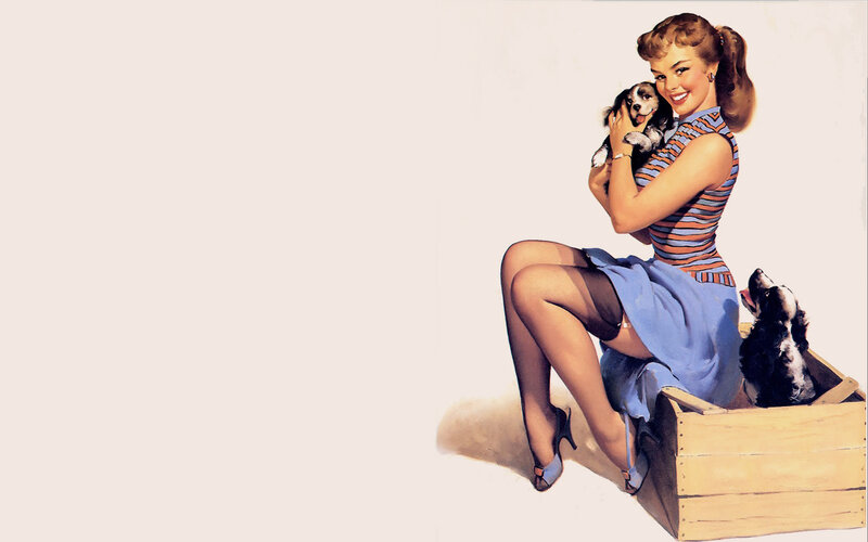 Pin-up girl with puppies