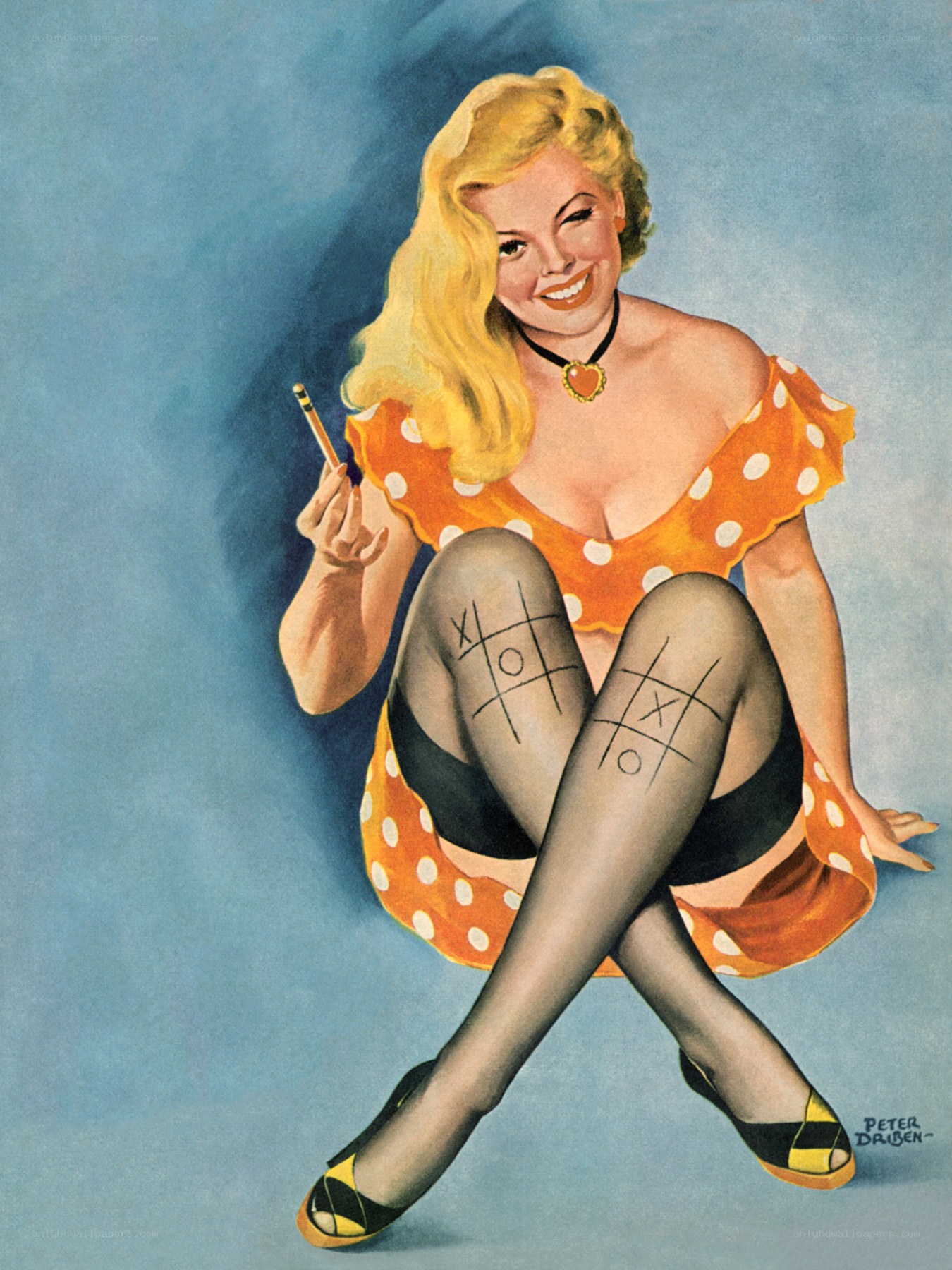 Pin-up girl with tic-tac-toe