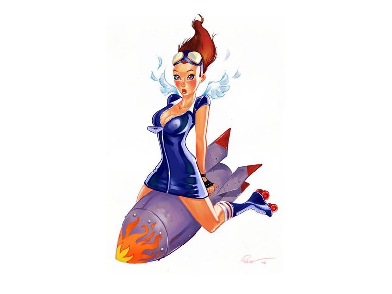 pin-up pilot on rocket