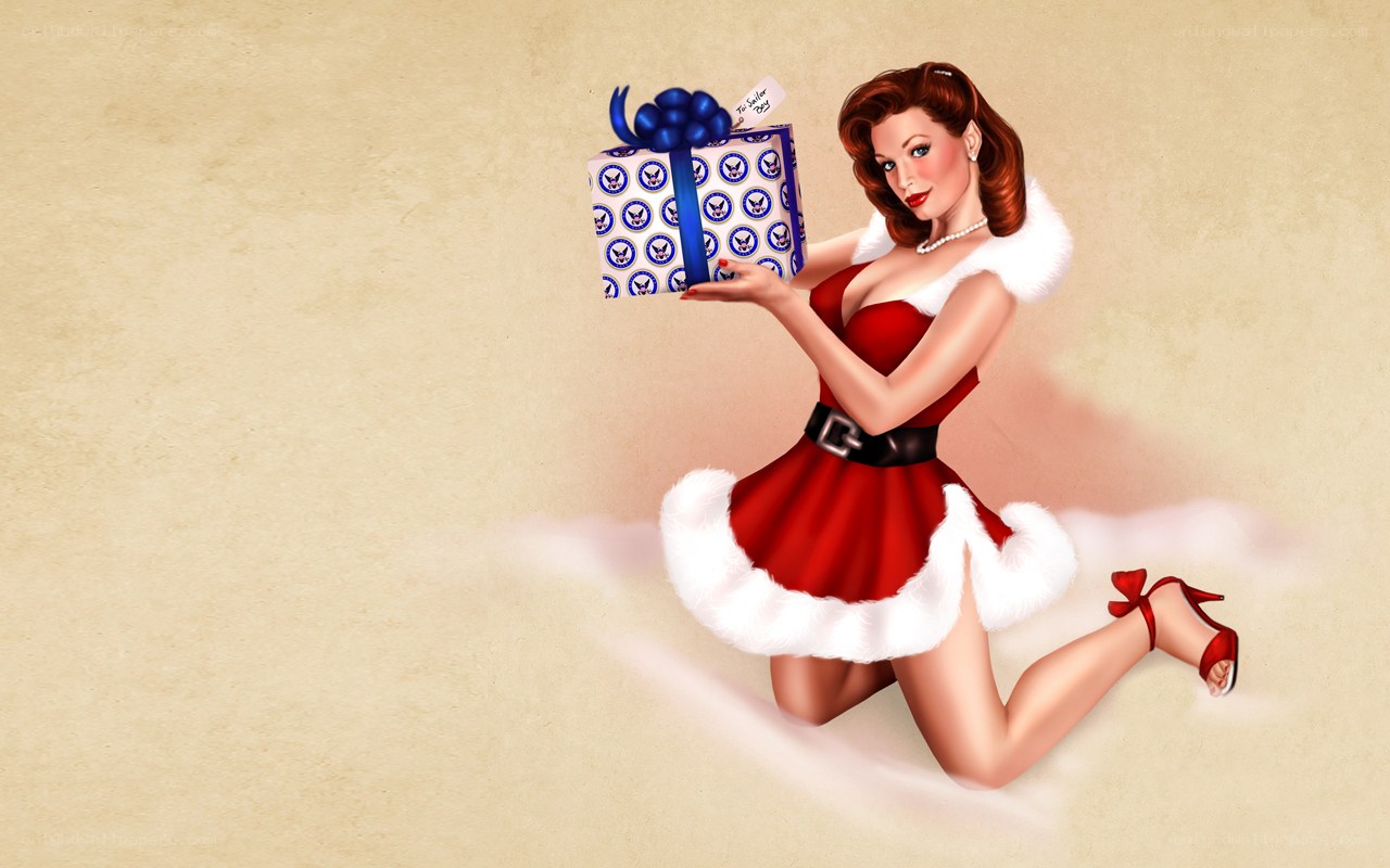 pin-up santa holding gift