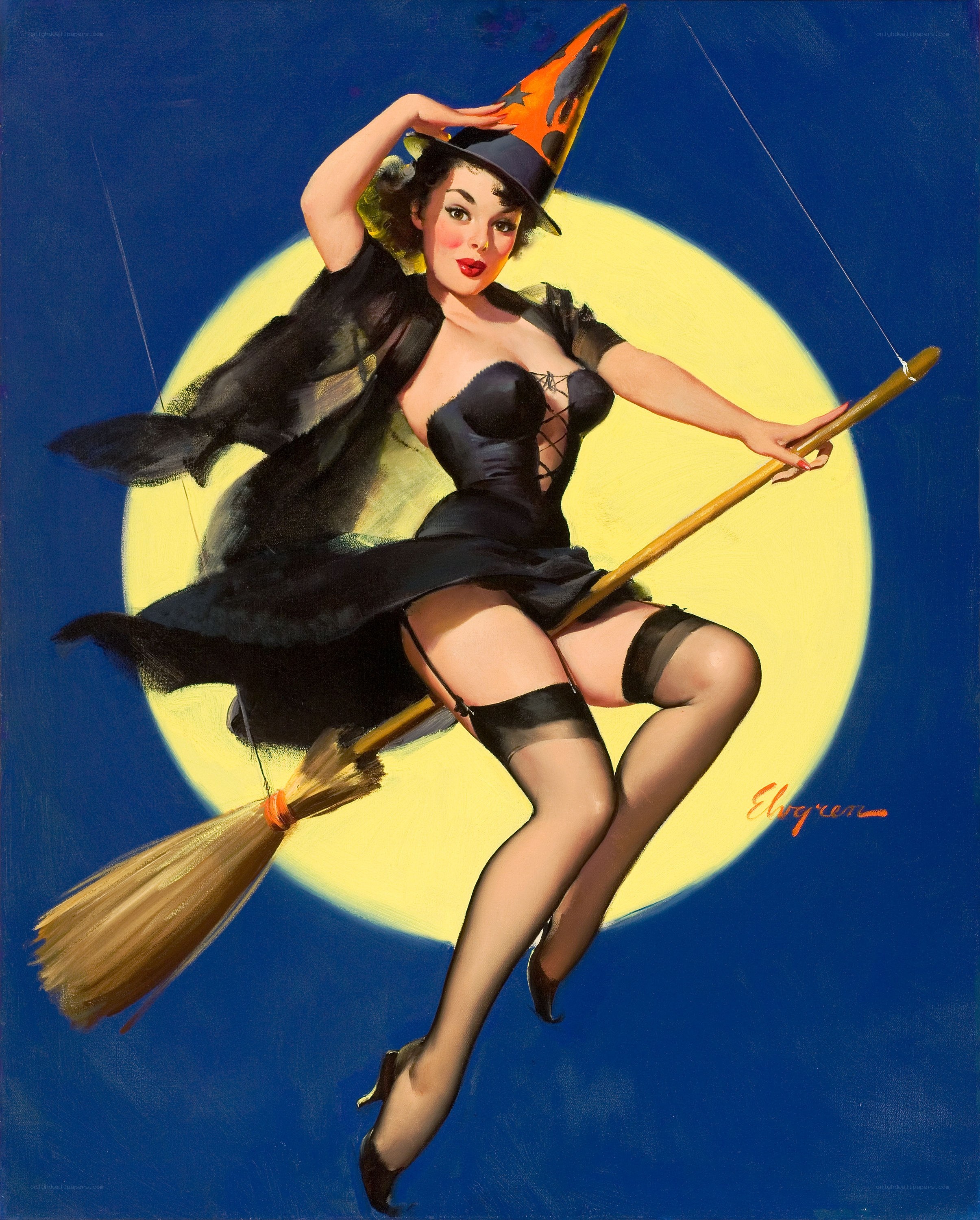 Pin-up witch on broomstick