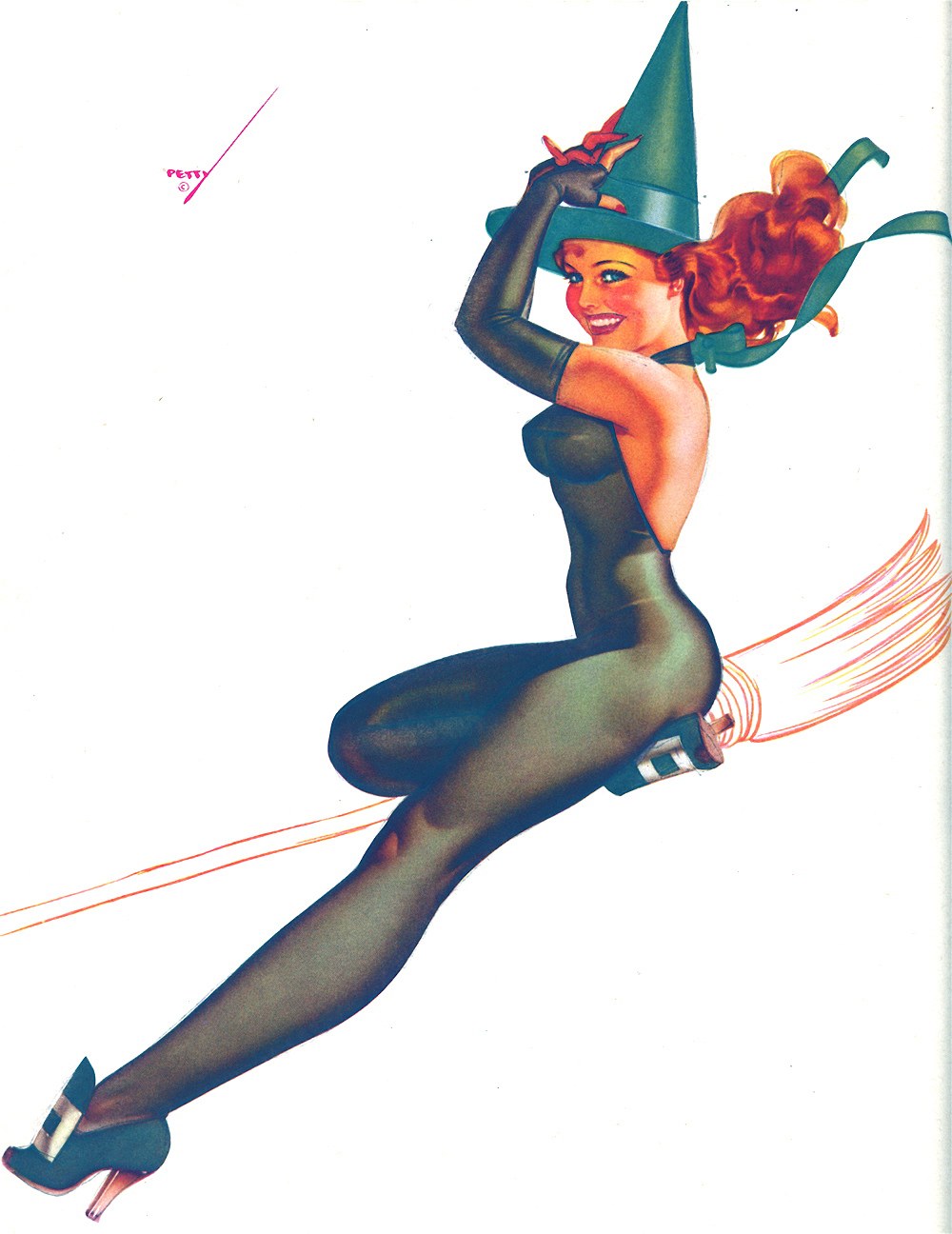 Pin-up witch on broomstick