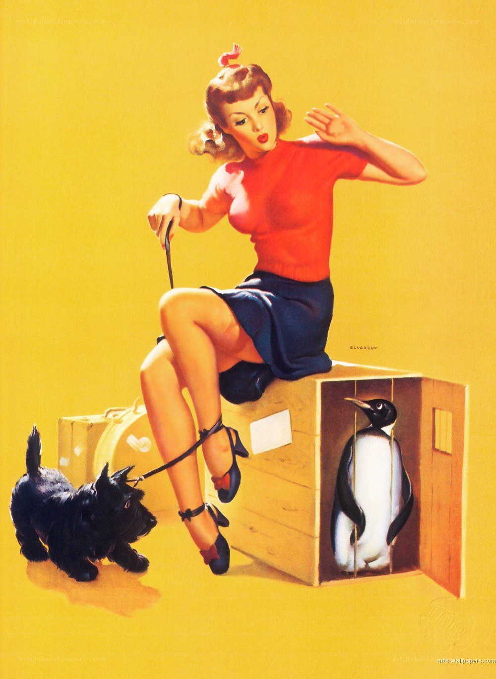 Pin-up with penguin and dog