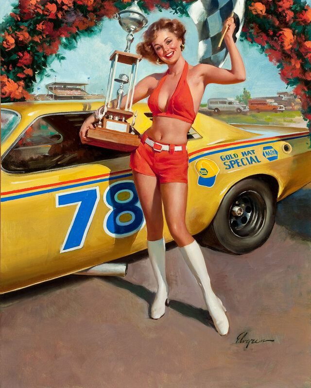 Pin-up with trophy and race car