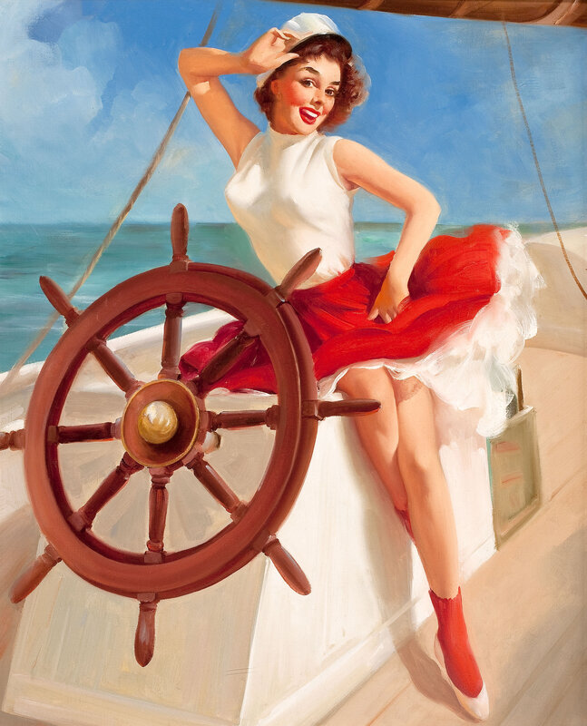 Pin-up woman at ship's wheel