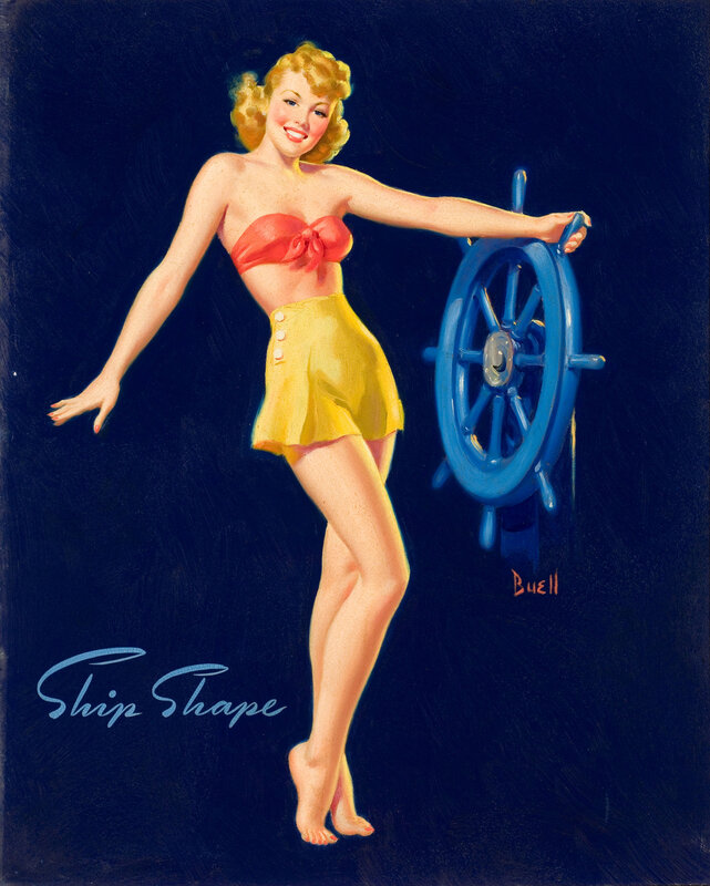 Pin-up woman at ship wheel