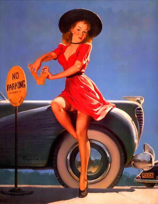 Pin-up woman by car