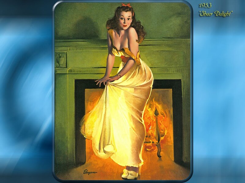 Pin-up woman by fireplace