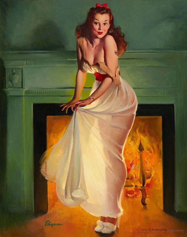 Pin-up woman by fireplace