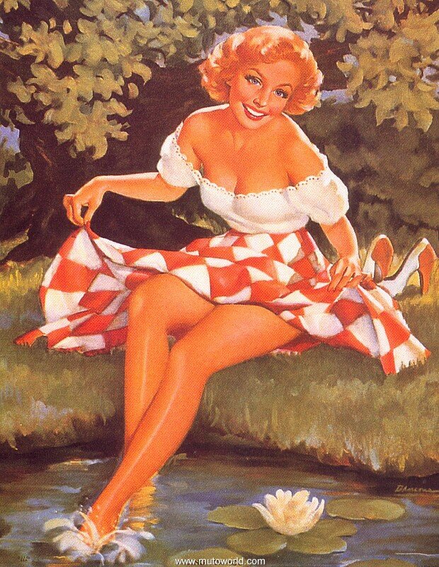 Pin-up woman by pond