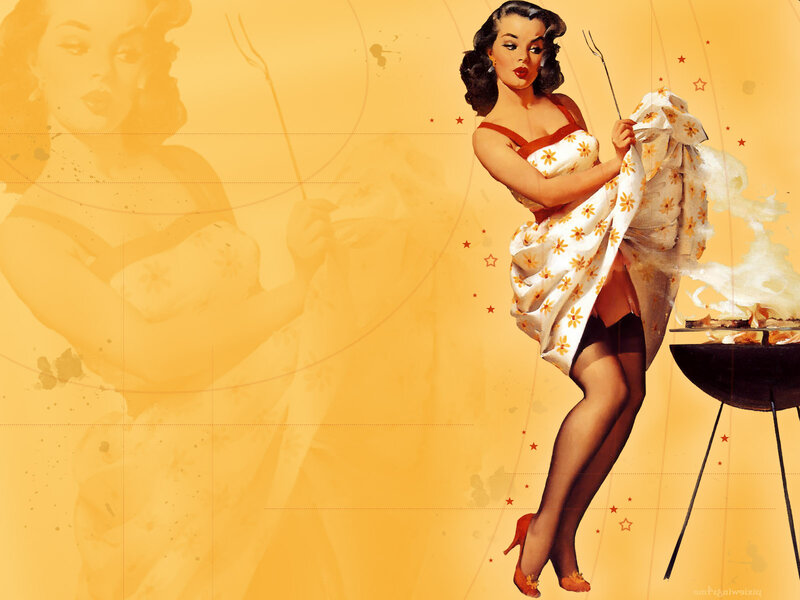 Pin-up woman grilling