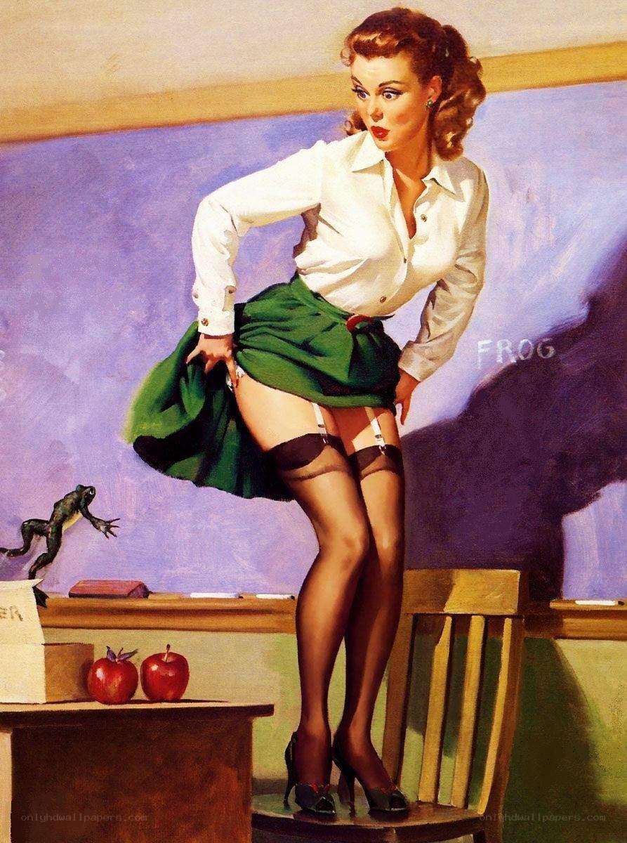 Pin-up woman in classroom