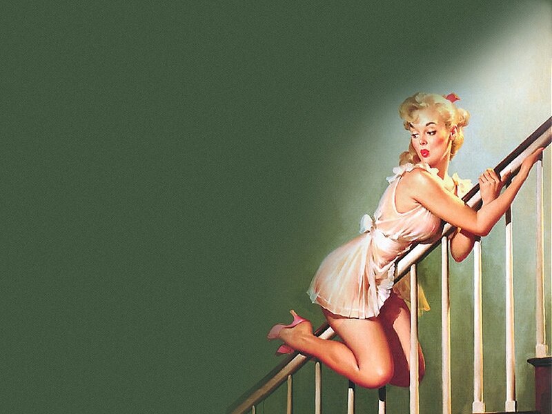 Pin-up woman on staircase