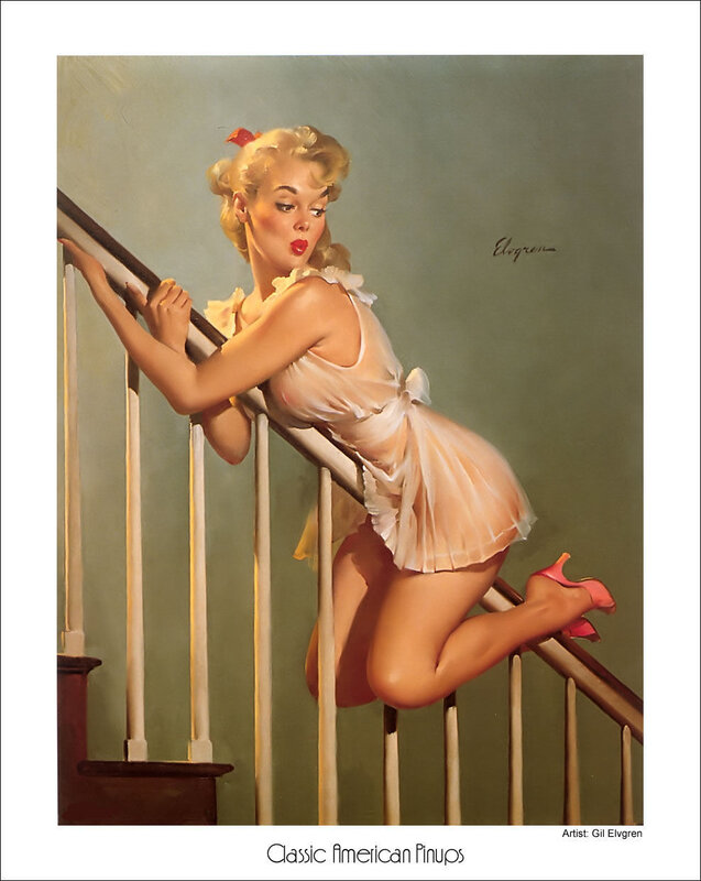 Pin-up woman on staircase