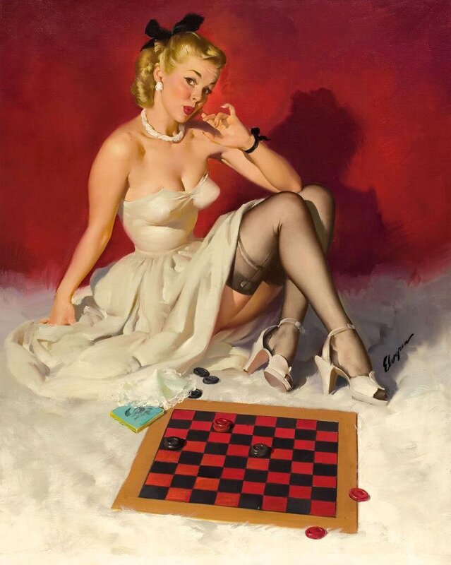 Pin-up woman playing checkers